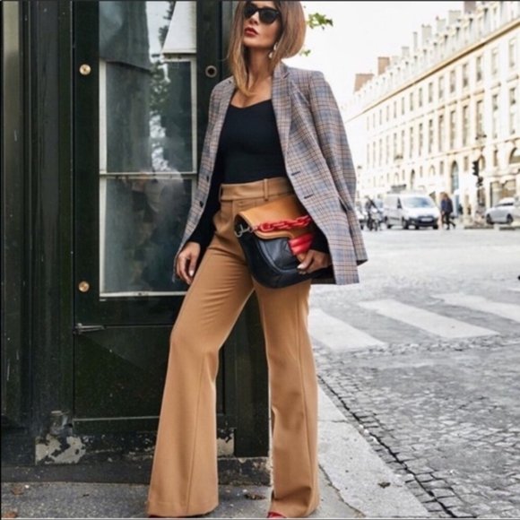 ZARA FLARED MID-RISE CAMEL WIDE LEG PANTS - Picture 2 of 13